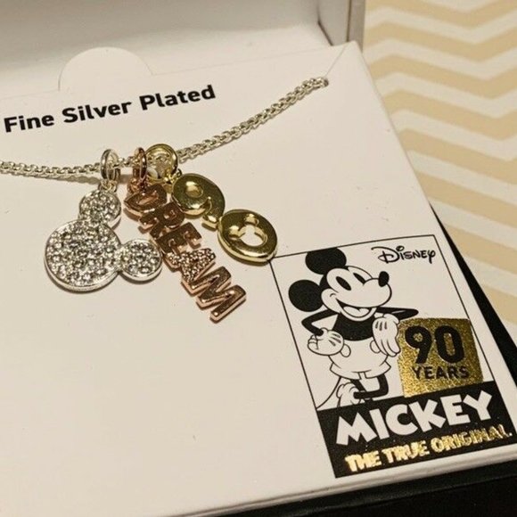 DISNEY MICKEY MOUSE 90 YR DREAM CHARMS SILVER PLATED/CLEAR CRYSTAL NECKLACE**NEW - Picture 2 of 4